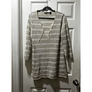 Euc Jeanne Pierre White Beige Striped Sweater Open Weave V Neck Coverup Sweater